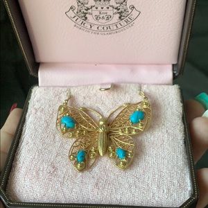 Juicy gold butterfly necklace w/turquoise/crystals